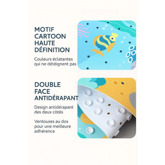 Tapis de bain bébé coloré avec motif cartoon, antidérapant et facile à nettoyer, sécurisant et stimulant.