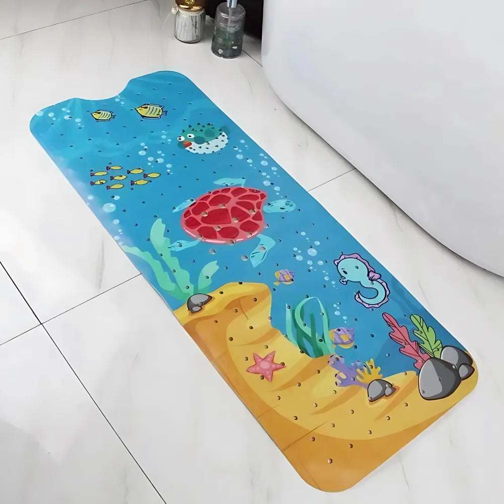 Tapis de bain bébé antidérapant tortue marine avec motifs sous-marins colorés pour sécurité et confort.