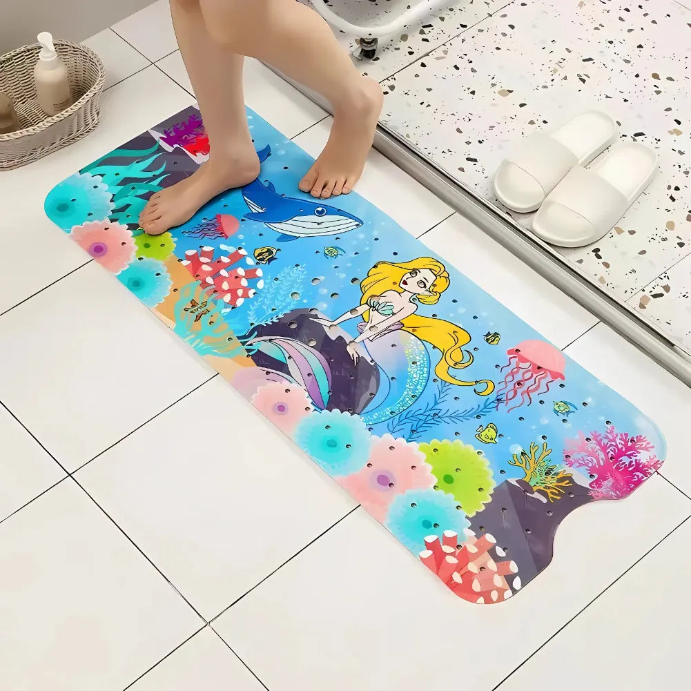 Tapis de bain bébé antidérapant motif sirène dorée avec décor marin et couleurs vives, sûr et ludique.