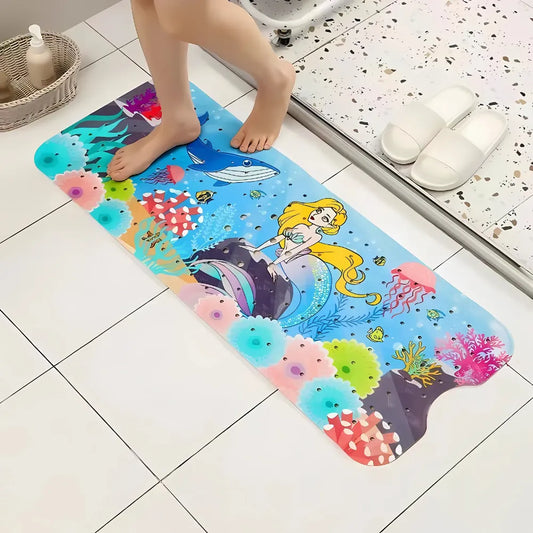 Tapis de bain bébé antidérapant motif sirène dorée avec décor marin et couleurs vives, sûr et ludique.