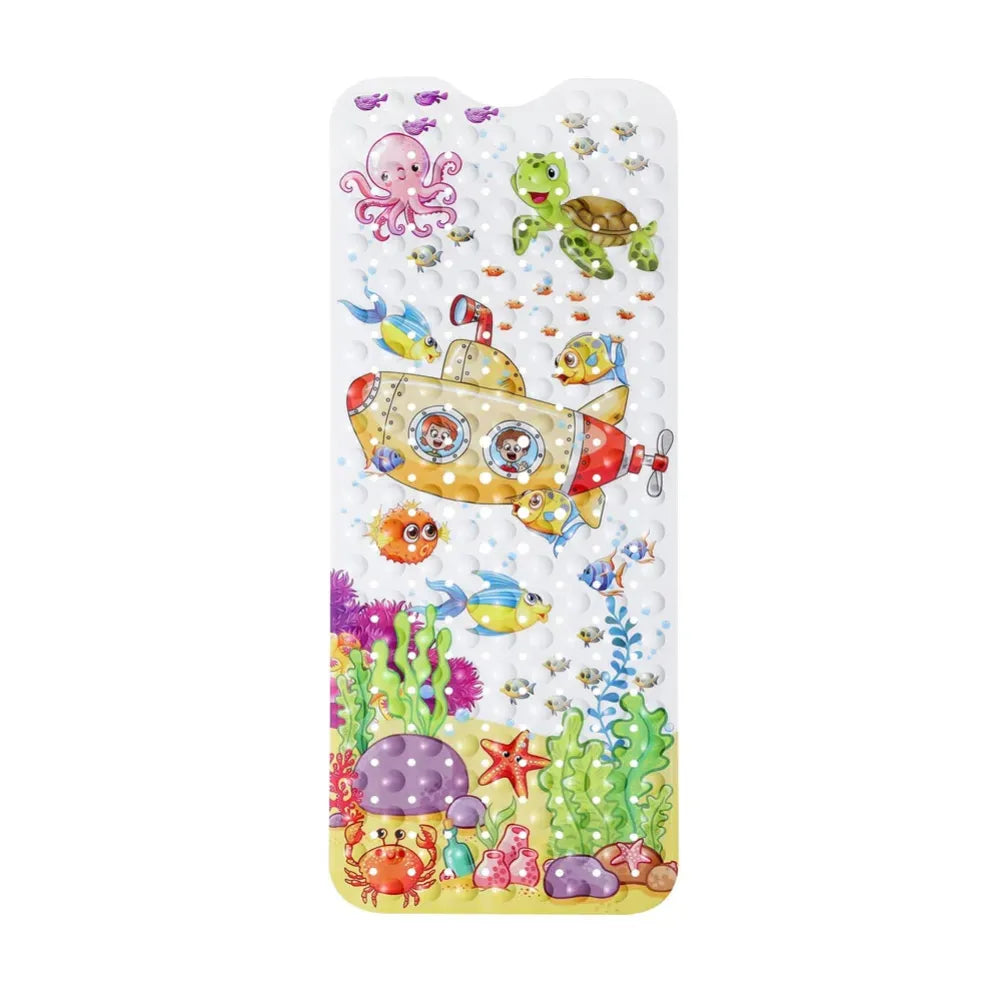 Tapis de bain enfant antidérapant avec motifs sous-marins colorés: sous-marin, tortue, pieuvre et poissons.
