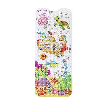 Tapis de bain enfant antidérapant avec motifs sous-marins colorés: sous-marin, tortue, pieuvre et poissons.