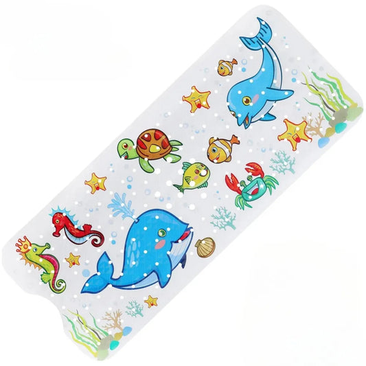 Tapis de bain pour enfant avec motifs marins colorés : baleines, tortues, hippocampes et crabes.