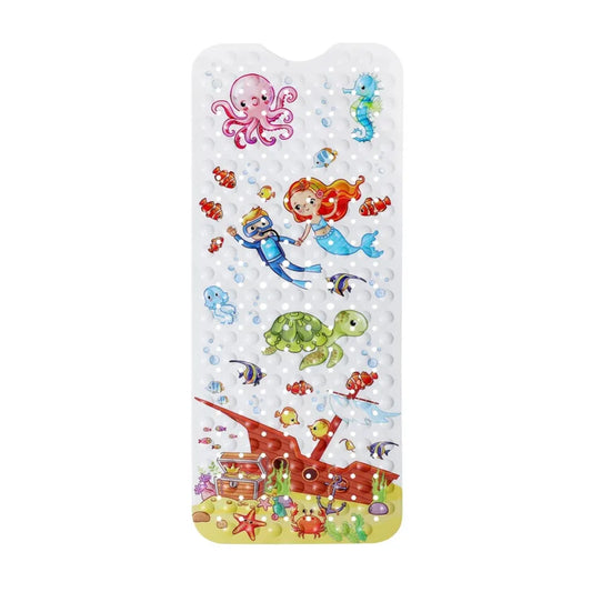 Tapis de bain antidérapant enfant avec illustrations de sirène, plongeur et animaux marins.
