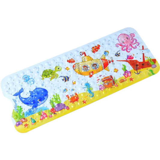 Tapis de bain antidérapant enfant avec motifs marins : sous-marin, baleine, tortue et pieuvre.