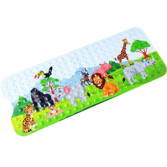 Colorful anti-slip bath mat for kids featuring safari animals like lions, elephants, and giraffes, safe for infants.
