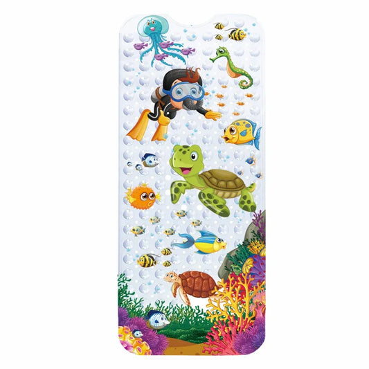 Tapis de bain antidérapant enfant avec tortue géante et motifs sous-marins colorés pour la sécurité et l'imagination.