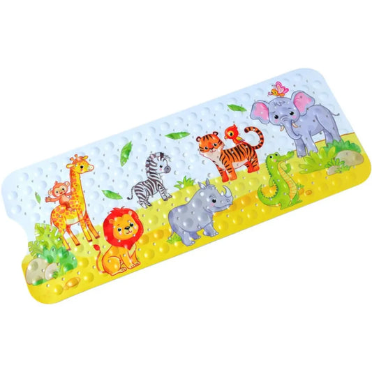 Tapis de bain antidérapant enfant avec des animaux de la savane : girafe, lion, éléphant et tigre.