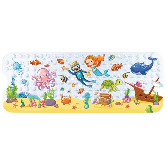 Tapis de bain antidérapant enfant représentant une scène sous-marine colorée avec sirènes, poissons et un trésor.