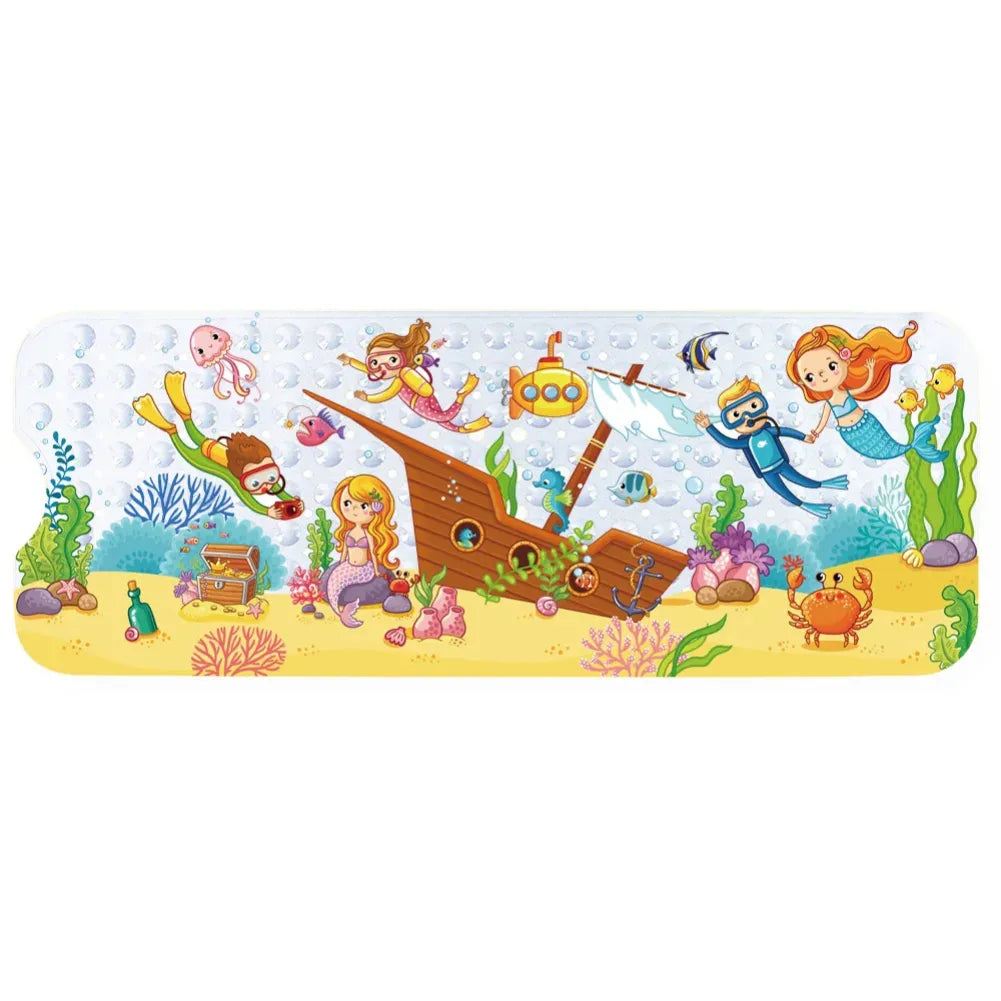 Tapis de bain antidérapant enfant illustrant des personnages marins colorés et un bateau naufragé.