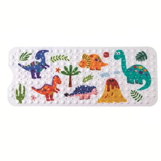 Tapis de bain antidérapant enfant avec dinosaures colorés et volcan, conçu pour éviter les glissades.