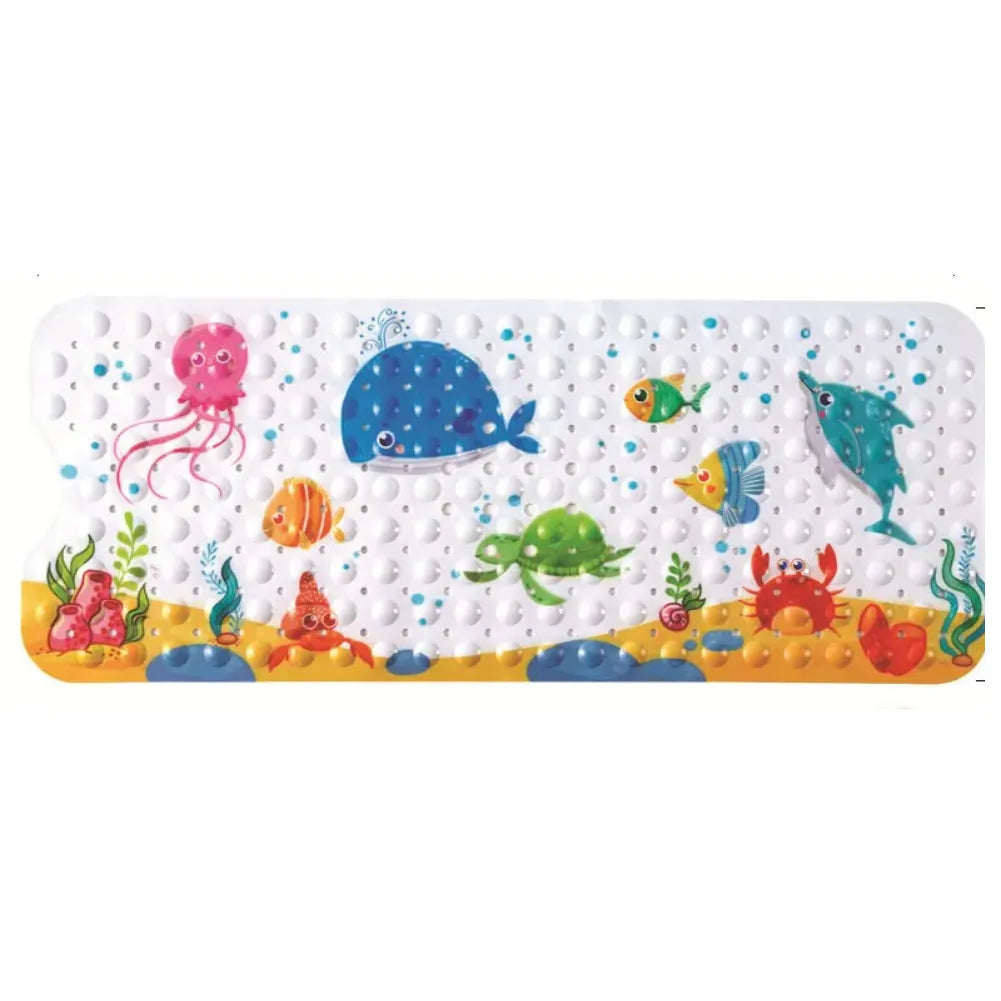 Tapis de bain antidérapant enfant avec dessins marins joyeux, baleine, méduse, tortue et crabe, idéal pour le bain.