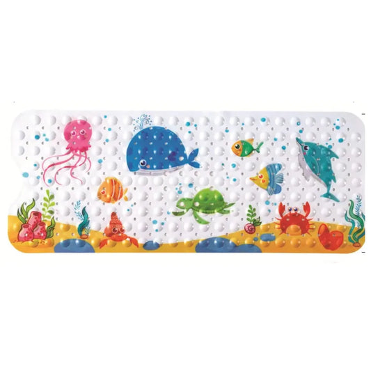 Tapis de bain antidérapant enfant avec dessins marins joyeux, baleine, méduse, tortue et crabe, idéal pour le bain.