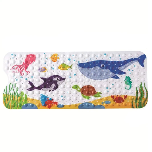 Tapis de bain enfant avec baleine, dauphin et animaux marins colorés, antidérapant et sécurisant.