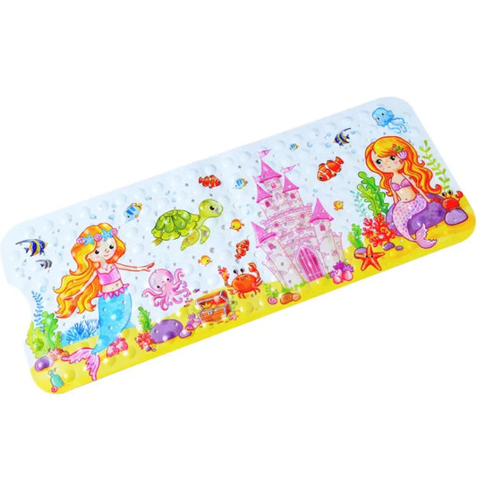 Tapis de bain antidérapant enfant avec sirènes, château en corail, tortue et poulpe coloré.