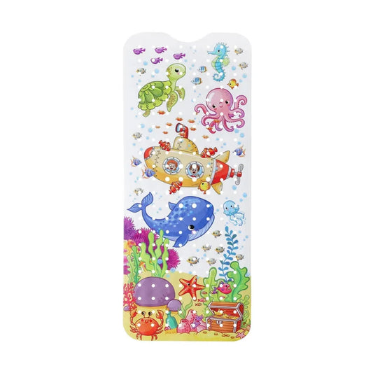Tapis de bain antidérapant pour enfant avec illustrations sous-marines de tortue, pieuvre et sous-marin.