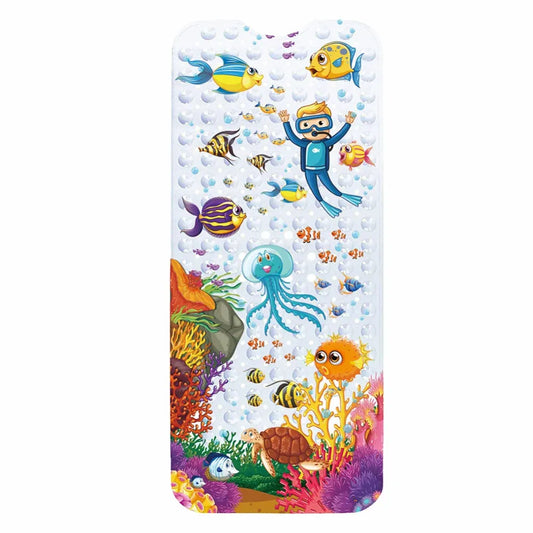 Tapis de bain antidérapant enfant avec motifs marins colorés et personnages aquatiques.