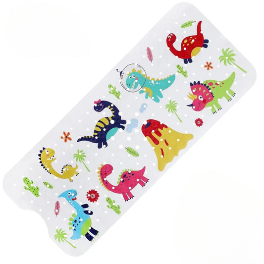 Tapis de bain enfant coloré avec dinosaures animés et volcan, antidérapant pour sécurité dans le bain.