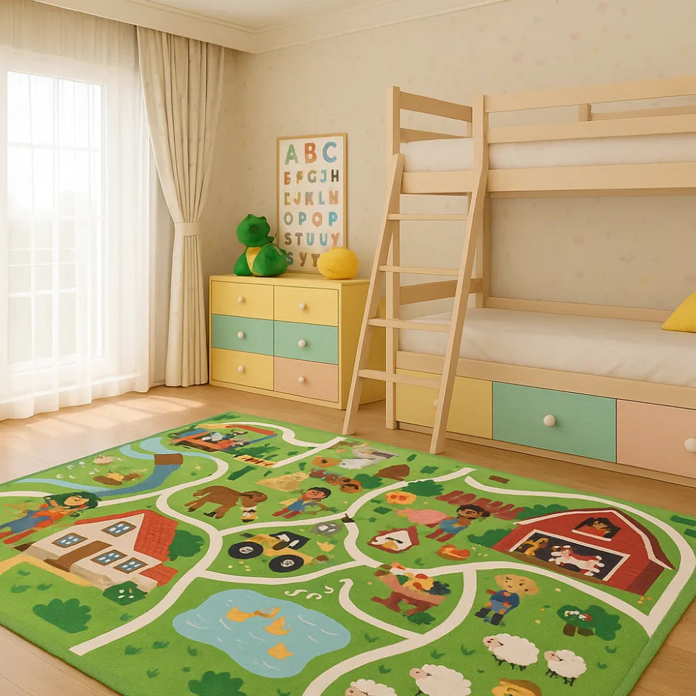 Tapis circuit voiture enfant - Décor ferme, village et nature