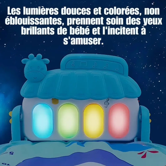 Tapis bébé avec lumières douces et colorées pour éveil sensoriel et amusement.