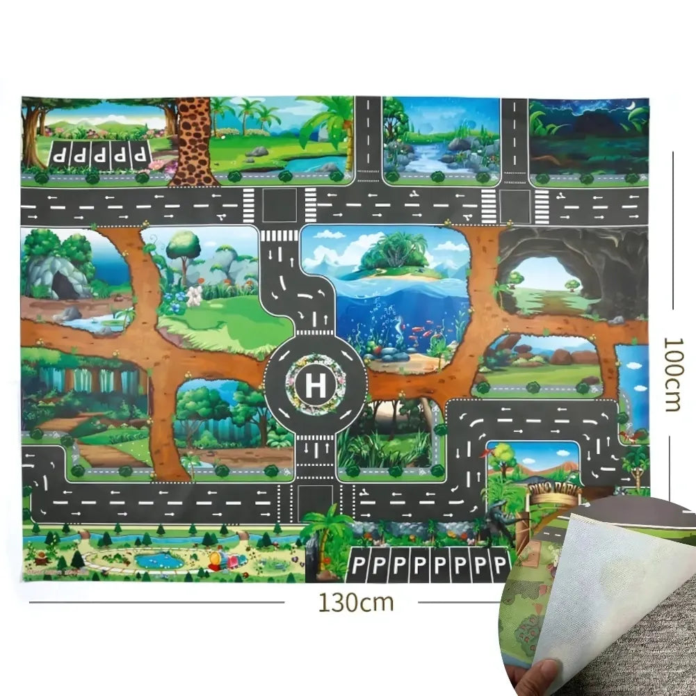 Tapis voiture enfant - Décor jungle et dinosaures