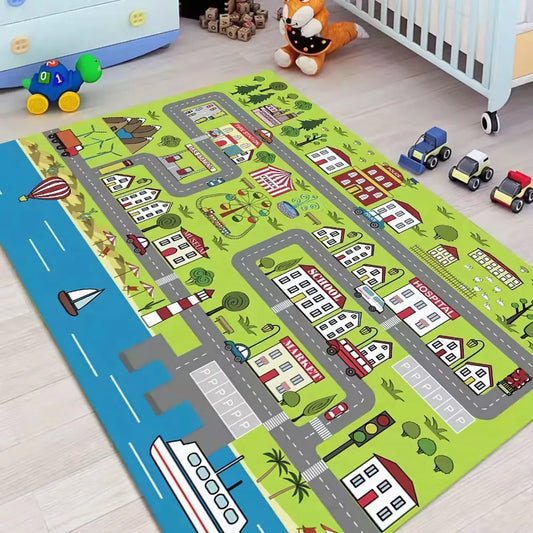 Tapis circuit voiture coloré pour bébé, idéal pour éveil ludique et développement moteur.