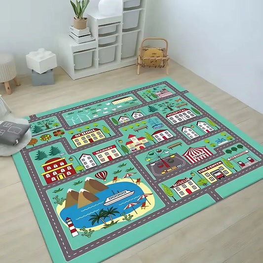 Tapis circuit voiture - Parcours ludique entre eau, arbres, bateaux et attractions