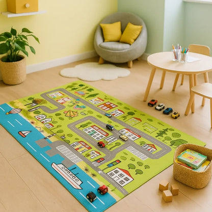 Tapis circuit voiture pour enfant avec routes, illustrations de ville, et jouets sur un sol en bois.