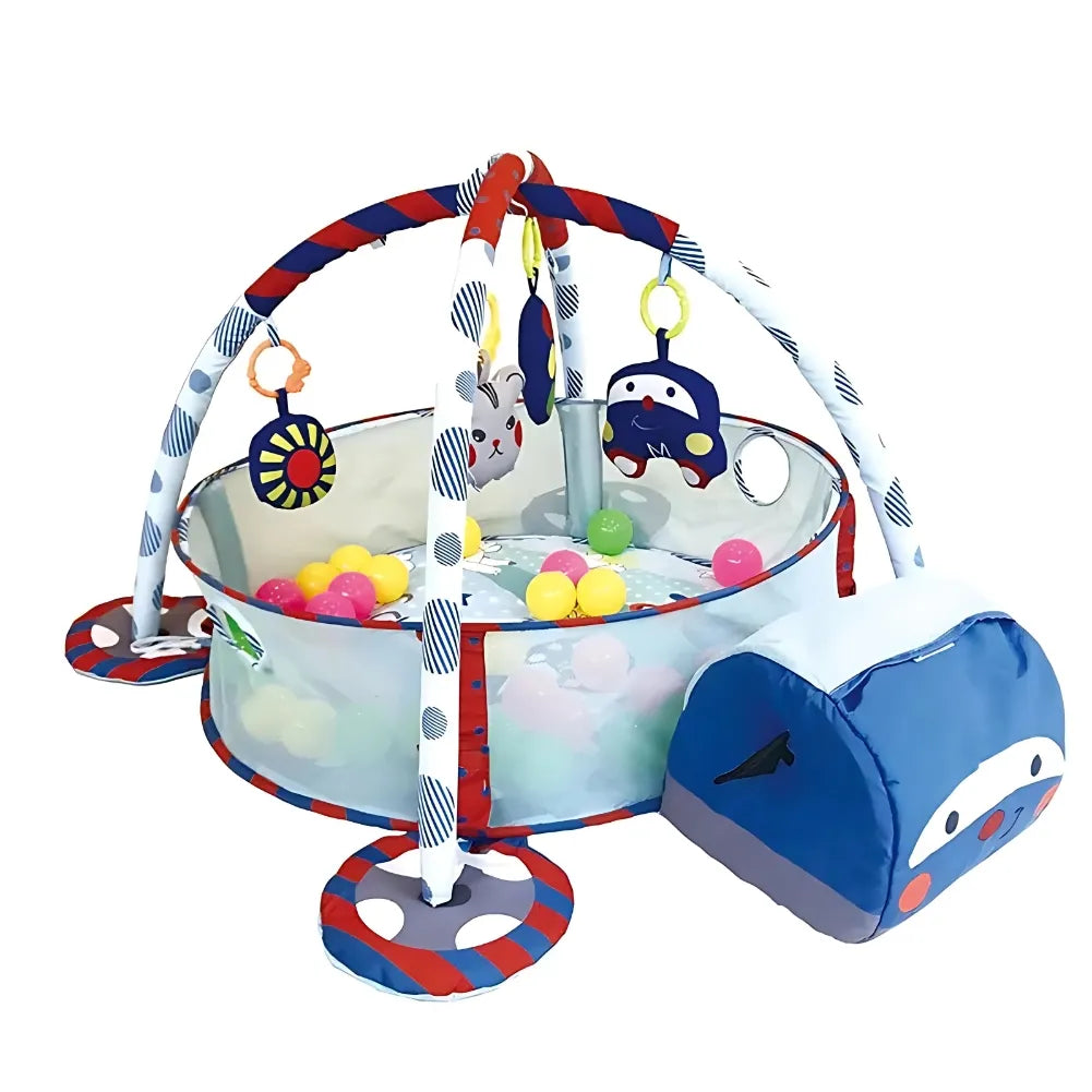 Colorful baby play mat with hanging toys, ball pit, and modular design for stimulating infant play.