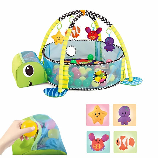 Tapis d'éveil sensoriel en forme de tortue avec balles colorées et jouets suspendus pour bébé.