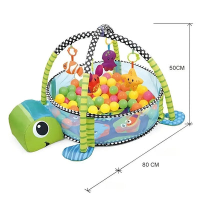 Tapis évolutif modulable pour bébé, avec jouets suspendus et billes colorées, design sécurisé et léger.