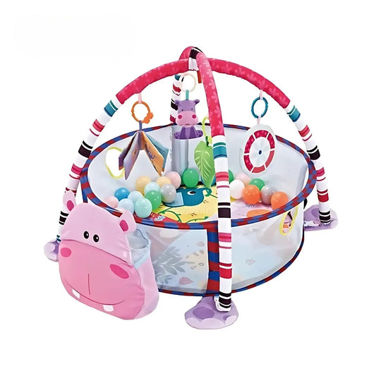 Tapis bébé hippopotame avec jouets suspendus pour un éveil sensoriel coloré et sécurisé.