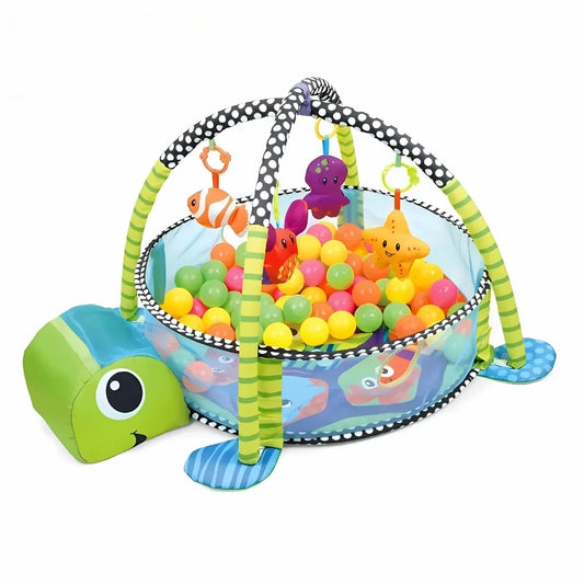 Monde tortue sensoriel - tapis bébé coloré avec jouets et balles pour éveil ludique et motricité.