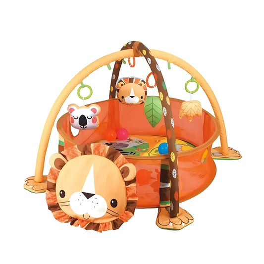 Tapis d'éveil bébé lion avec jouets suspendus et design coloré pour un safari sensoriel.