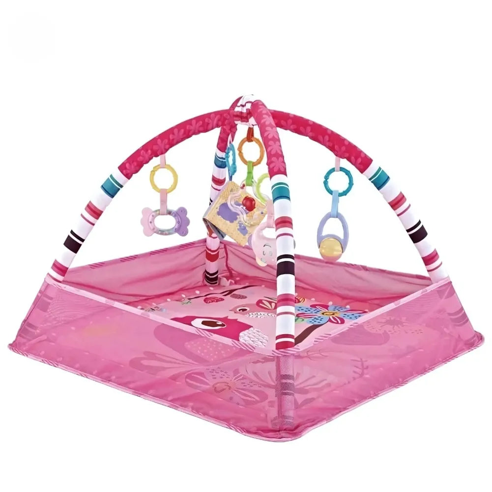 Rose tapis bébé musical sensoriel avec jouets suspendus et couleurs stimulantes pour l'éveil de l'enfant.