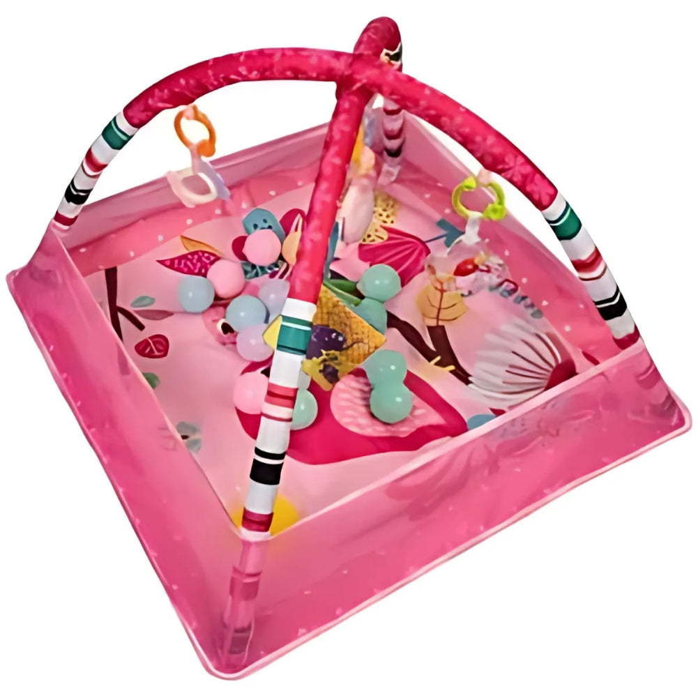 Rose tapis bébé musical sensoriel avec jouets suspendus et couleurs stimulantes pour l'éveil de l'enfant.