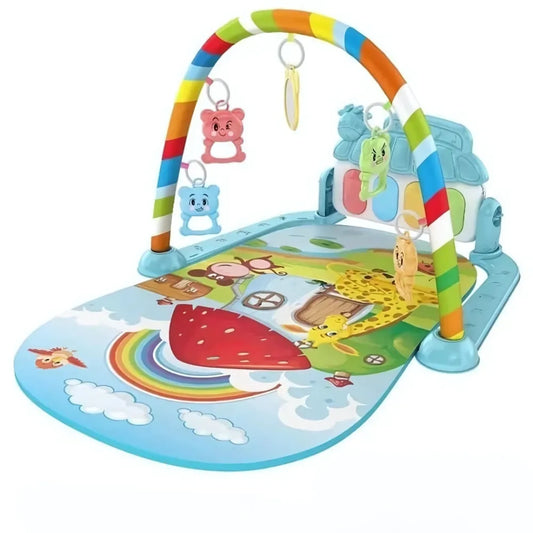 Symphonie pastel arc-en-ciel tapis d’éveil musical doux avec jouets suspendus et décor coloré pour bébés.
