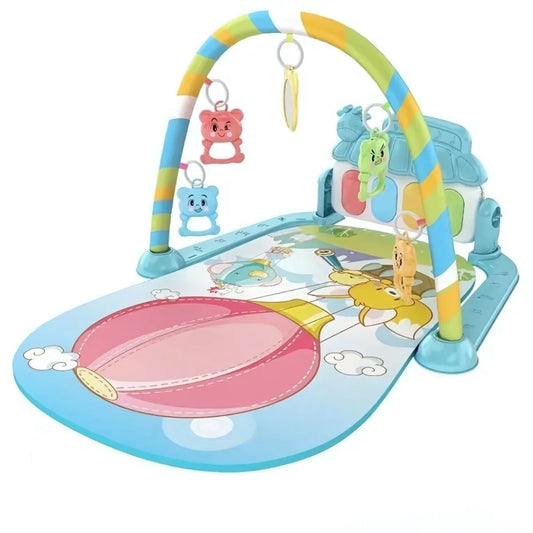 Tapis d'éveil musical montgolfière avec jouets suspendus colorés pour éveil sensoriel des bébés.