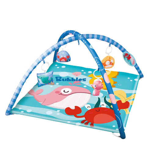 Tapis bébé avec arche d'éveil, matelas moelleux et jouets suspendus pour stimuler la motricité.