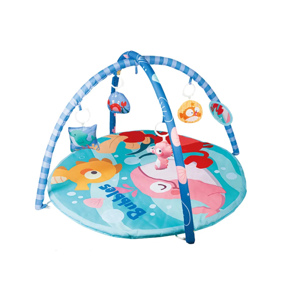 Tapis bébé avec arche d'éveil, matelas doux et 5 jouets suspendus pour stimuler la motricité.