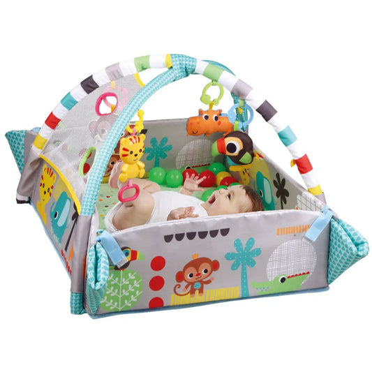 Tapis bébé 5-en-1 avec arche musicale et mini piscine à balles, idéal pour l'éveil multisensoriel.