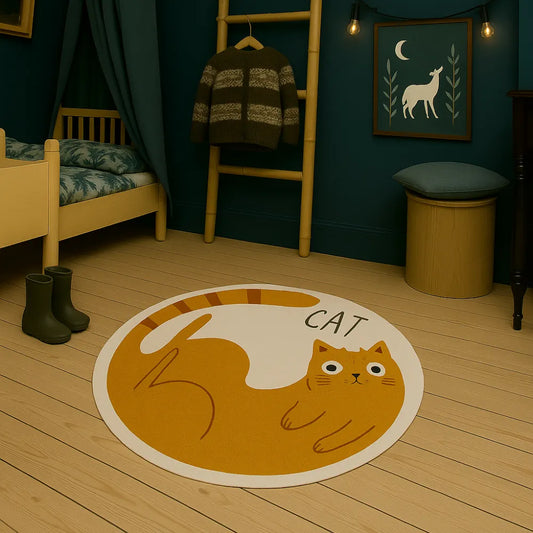 Tapis bébé rond avec motif de chat roux dans une chambre apaisante, idéal pour l'éveil et les jeux.