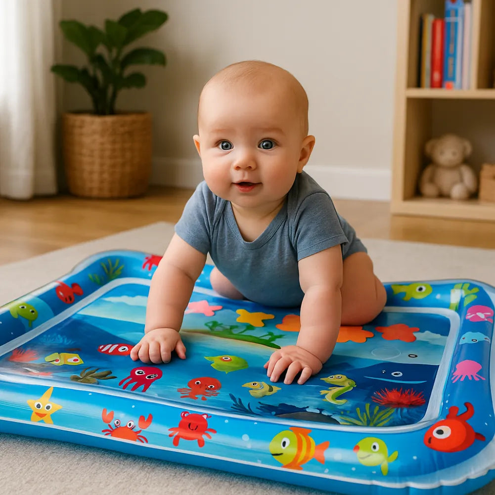 Tapis d’eau bébé - Tapis sensoriel gonflable île tropicale et animaux marins