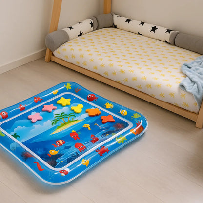 Tapis d’eau bébé - Tapis sensoriel gonflable île tropicale et animaux marins