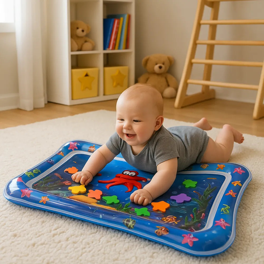 Tapis d’eau bébé - Tapis sensoriel avec pieuvre rigolote et fond marin coloré
