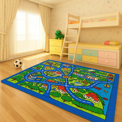 Tapis circuit voiture enfant - Ville de campagne, routes, port et bateaux